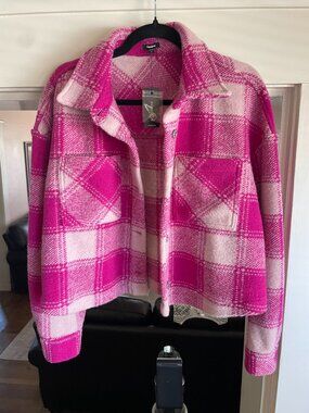 Express Pink Plaid Double Pocket Cropped Shacket - M
